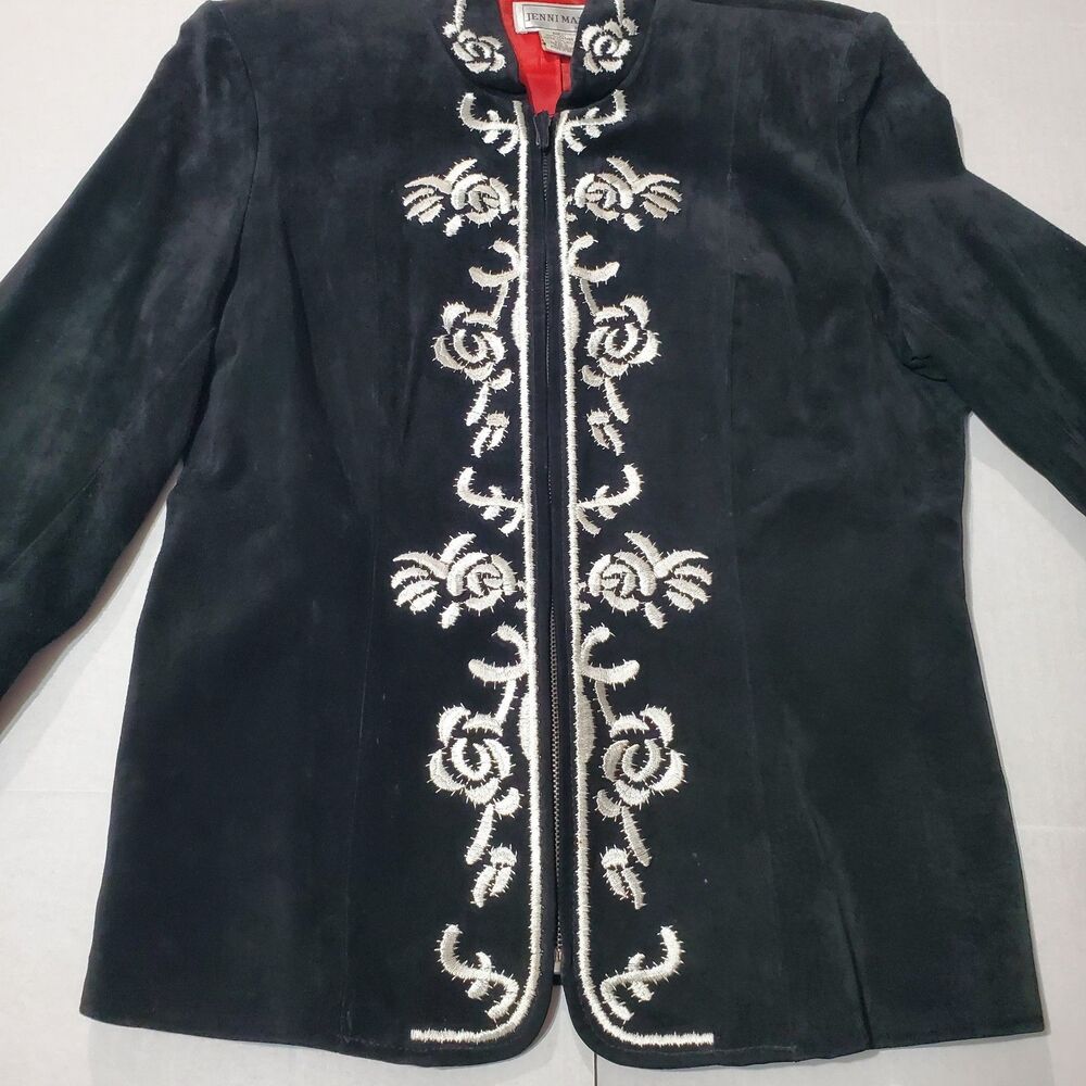 Vintage Suede Leather Black / White Floral Embroidered Zip Jacket , Size 12 - Picture 6 of 16